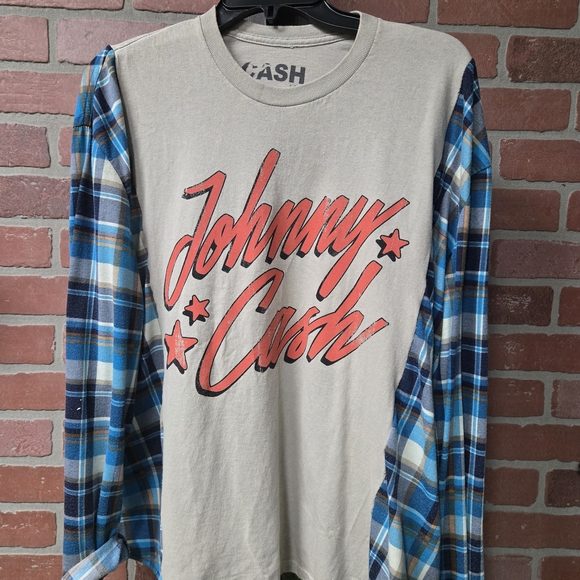 Other - Johnny Cash Beige and Blue Plaid Upcycled Camp Shirt